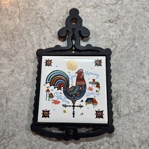 Vintage Farmhouse Country Kitchen Cast Iron Rooster Trivet Ceramic Tile